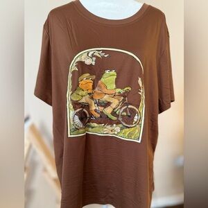 Brown Graphic T-Shirt with Frog and Toad Design, 2XL